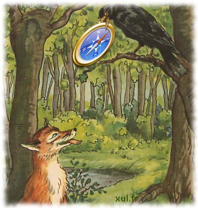 Fox facing a raven holding in its beak the compass logo of WebKit